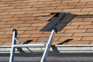 A brown shingle roof is missing shingles due to wind damage. 