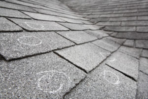 A shingle roof with hail impact damage circled in chalk.