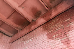 Old Brick Facade Wall With Leaking Roof And Wet Water Stain On T